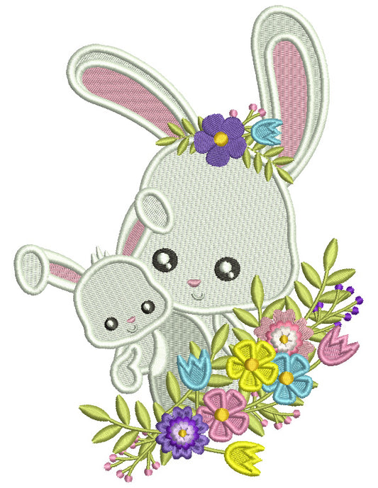 Mother Bunny And a Baby Flowers Easter Filled Machine Embroidery Design Digitized Pattern