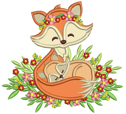 Mother Fox Holding Baby Fox Wrapped In Flowers Applique Machine Embroidery Design Digitized Pattern