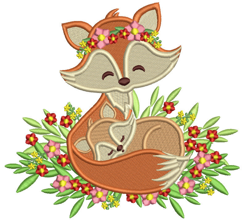Mother Fox Holding Baby Fox Wrapped In Flowers Filled Machine Embroidery Design Digitized Pattern