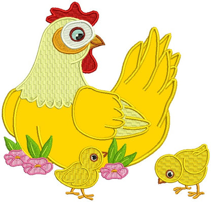 Mother Hen With Baby Chicks Applique Machine Embroidery Design Digitized Pattern