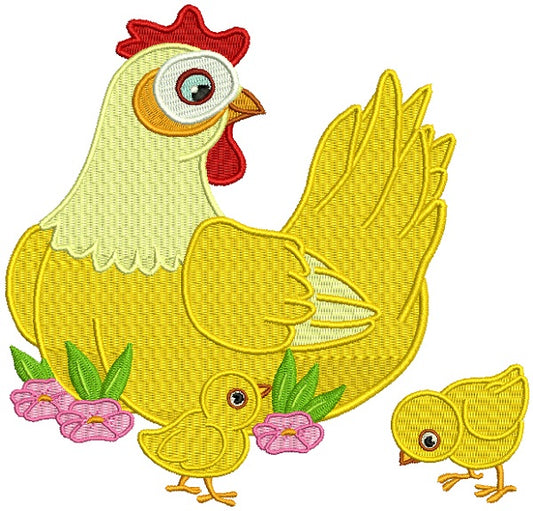 Mother Hen With Baby Chicks Filled Machine Embroidery Design Digitized Pattern
