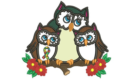 Mother Owl And Two Baby Owls Autism Awareness Applique Machine Embroidery Design Digitized