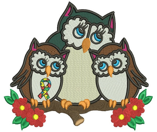Mother Owl And Two Baby Owls Autism Awareness Filled Machine Embroidery Design Digitized
