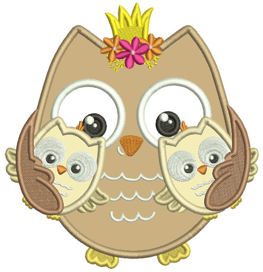 Mother Owl Princess With Two Baby Owls Applique Machine Embroidery Design Digitized Pattern