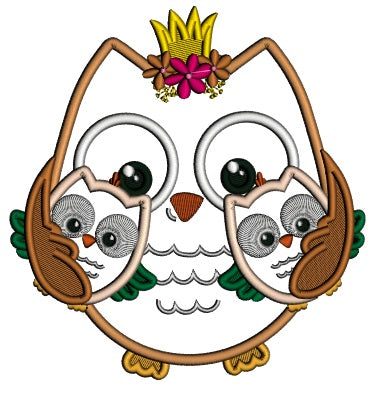 Mother Owl Princess With Two Baby Owls Applique Machine Embroidery Design Digitized Pattern