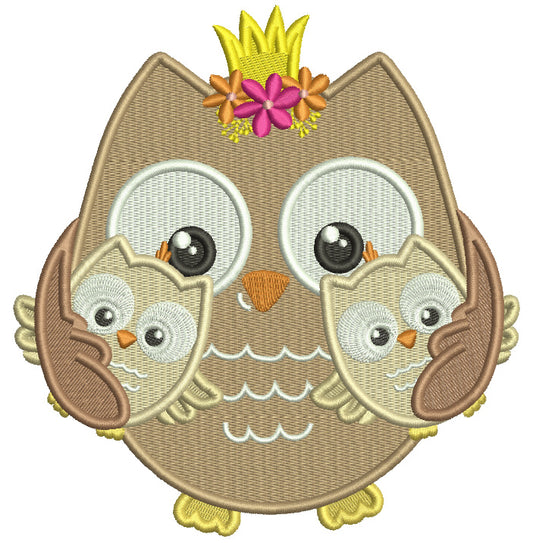 Mother Owl Princess With Two Baby Owls Filled Machine Embroidery Design Digitized Pattern