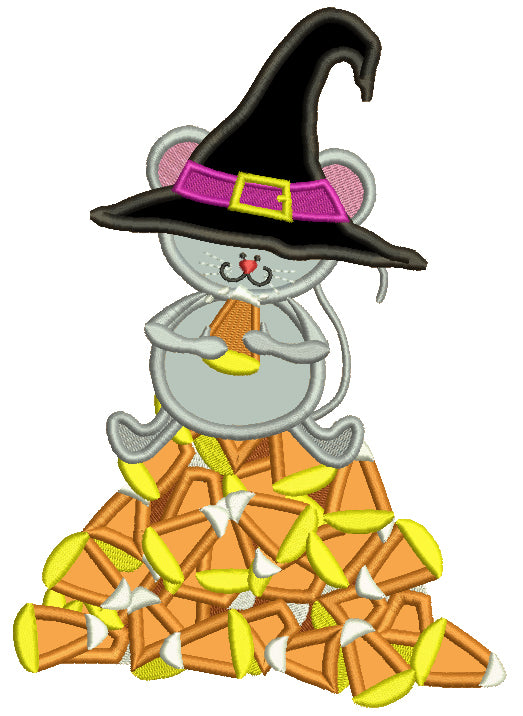 Mouse Witch Sitting On Candy Corns Halloween Applique Machine Embroidery Design Digitized Pattern