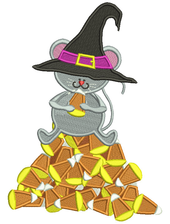 Mouse Witch Sitting On Candy Corns Halloween Filled Machine Embroidery Design Digitized Pattern