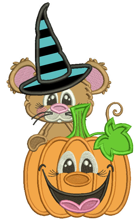 Mouse Wizard Holding a Smiling Pumpkin Halloween Applique Machine Embroidery Design Digitized Pattern