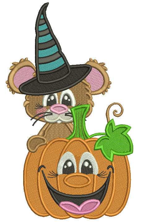 Mouse Wizard Holding a Smiling Pumpkin Halloween Filled Machine Embroidery Design Digitized Pattern