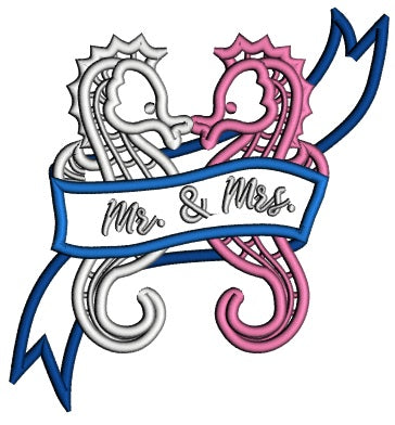 Mr. And Mrs. Two Seahorses Wedding Applique Machine Embroidery Design Digitized Pattern