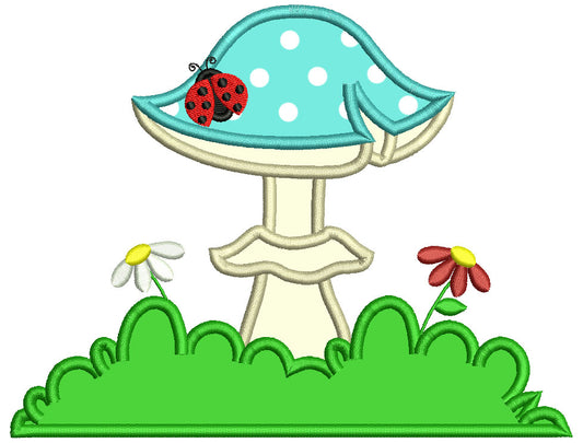 Mushroom With Flowers And Ladybug Applique Machine Embroidery Design Digitized Pattern