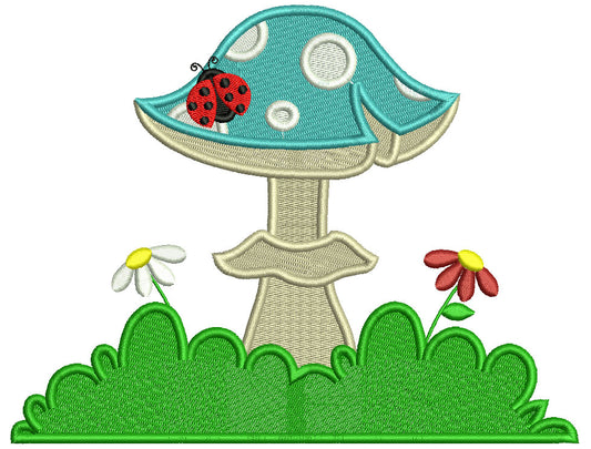 Mushroom With Flowers And Ladybug Filled Machine Embroidery Design Digitized Pattern