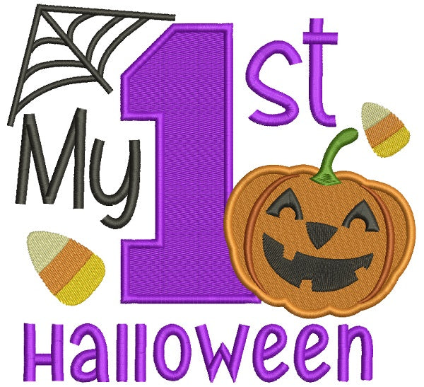 My First Halloween Pumpkin And Spider Web Birthday Filled Machine Embroidery Design Digitized Pattern