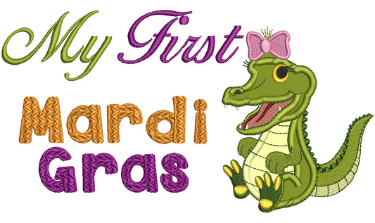 My First Mardi Gras Girl Crocodile Applique Machine Embroidery Design Digitized Pattern