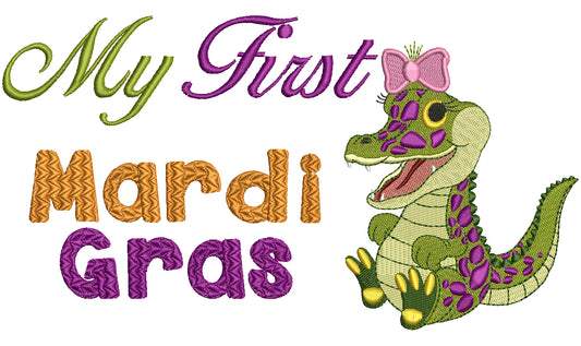 My First Mardi Gras Girl Crocodile Filled Machine Embroidery Design Digitized Pattern
