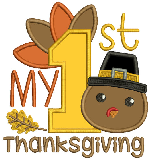 My First Thanksgiving Turkey And Leaves Applique Machine Embroidery Design Digitized Pattern