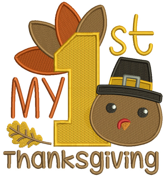 My First Thanksgiving Turkey And Leaves Filled Machine Embroidery Design Digitized Pattern