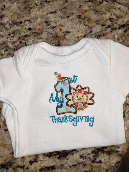 My First Thanksgiving With Cute Girl Turkey Applique Machine Embroidery Digitized Design Pattern