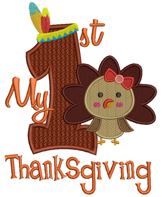 My First Thanksgiving With Cute Girl Turkey Filled Machine Embroidery Digitized Design Pattern