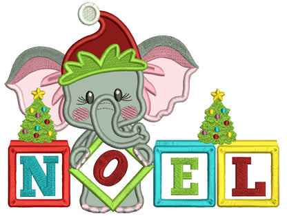NOEL Elephant Wearing Christmas Hat Applique Machine Embroidery Design Digitized Pattern