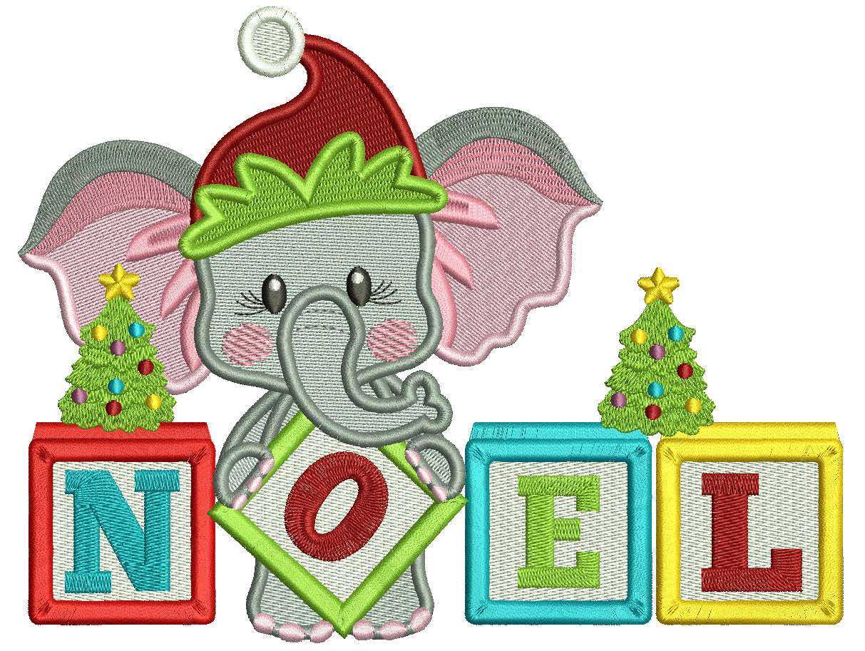 NOEL Elephant Wearing Christmas Hat Filled Machine Embroidery Design Digitized Pattern