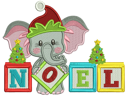 NOEL Elephant Wearing Christmas Hat Filled Machine Embroidery Design Digitized Pattern
