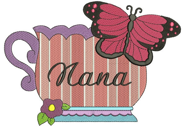 Nana Cup and Butterfly Filled Machine Embroidery Digitized Design Pattern