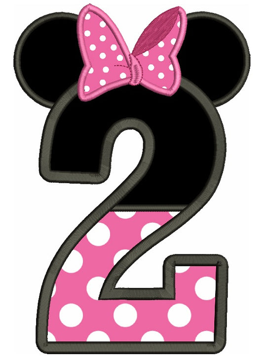 Number 2 Birthday Looks Like Minnie Ears Applique Machine Embroidery Design Digitized Pattern