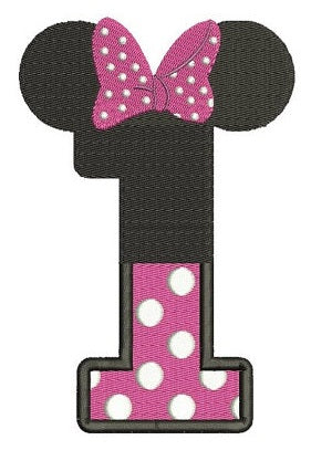 Number One First Birthday Girl Minnie Mouse Ears Filled Machine Embroidery Digitized Pattern- Instant Download - 4x4 ,5x7,6x10 -hoops