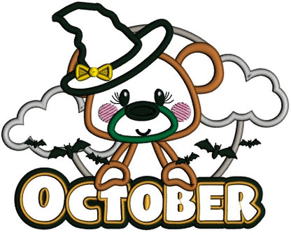 October Bear Wearing Witch Hat Halloween Applique Machine Embroidery Design Digitized Pattern