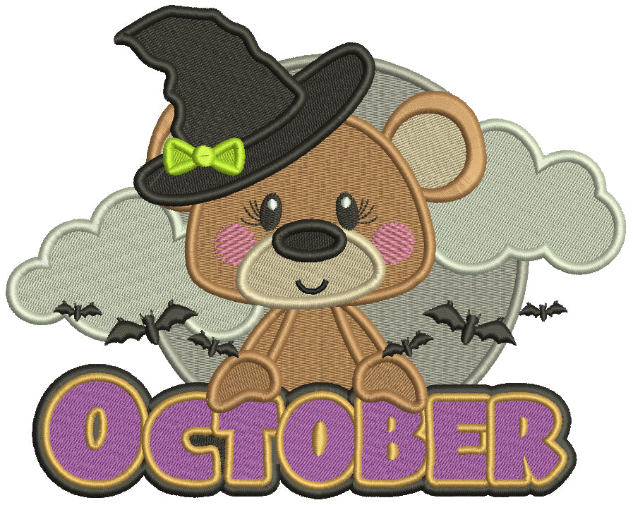 October Bear Wearing Witch Hat Halloween Filled Machine Embroidery Design Digitized Pattern