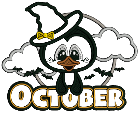 October Penguin Flying Bats Halloween Applique Machine Embroidery Design Digitized Pattern