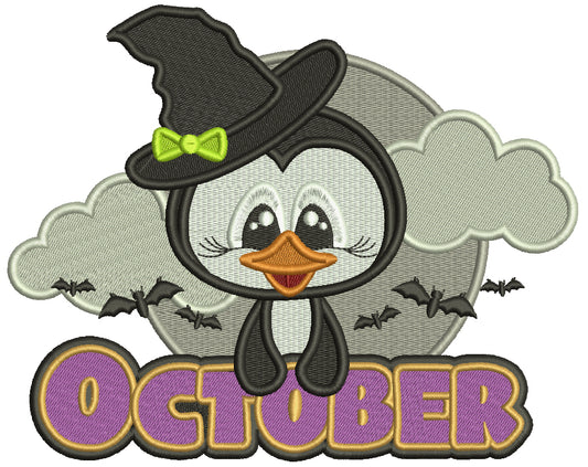 October Penguin Flying Bats Halloween Filled Machine Embroidery Design Digitized Pattern
