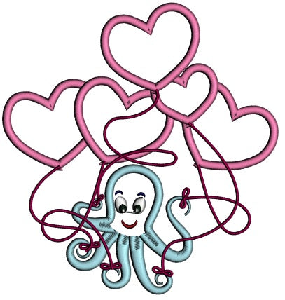 Octopus With Heart Balloons Applique Machine Embroidery Design Digitized Pattern
