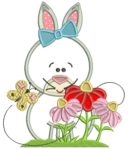 Old Fasion Bunny With Flowers Easter Applique Machine Embroidery Design Digitized