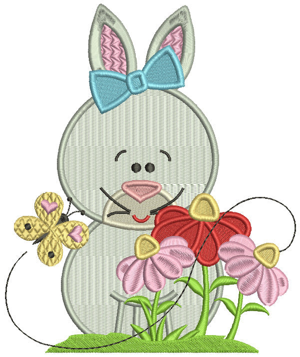 Old Fasion Bunny With Flowers Easter Filled Machine Embroidery Design Digitized