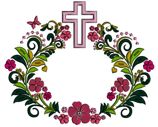 Ornate Cross With Flowers Religious Applique Machine Embroidery Design Digitized Pattern