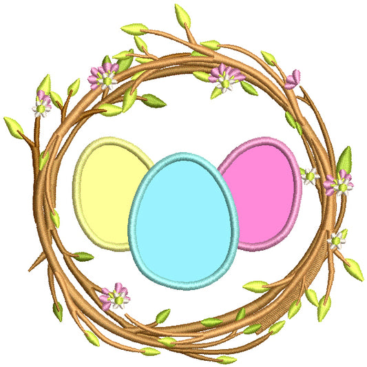 Ornamental Flower Wreth With Eggs Easter Applique Machine Embroidery Design Digitized Pattern