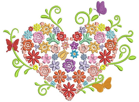Ornate Heart With Flowers and Butterflies Filled Machine Embroidery Design Digitized Pattern