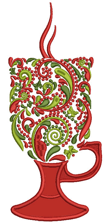 Ornate Christmas Hot Chocolate Glass Applique Machine Embroidery Design Digitized Pattern