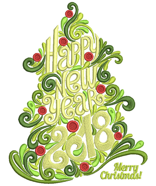 Ornate Christmas Tree Happy New Year 2018 Filled Machine Embroidery Design Digitized Pattern
