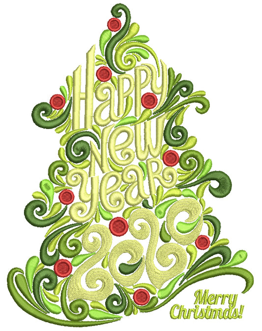 Ornate Christmas Tree Happy New Year 2020 Filled Machine Embroidery Design Digitized Pattern