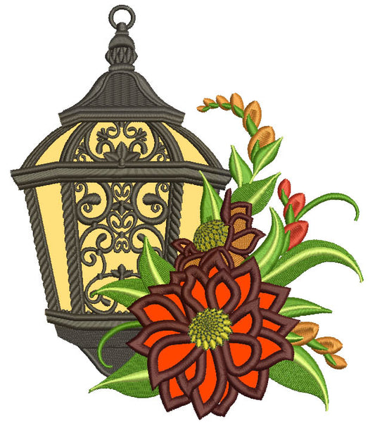 Ornate Lantern With Flowers Applique Machine Embroidery Design Digitized Pattern