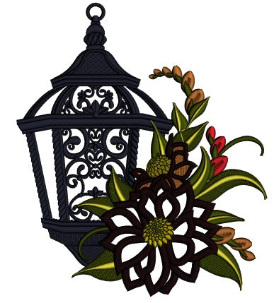 Ornate Lantern With Flowers Applique Machine Embroidery Design Digitized Pattern