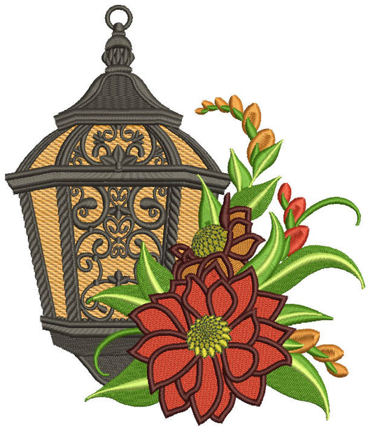 Ornate Lantern With Flowers Filled Machine Embroidery Design Digitized Pattern
