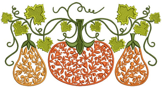 Ornate Pumpkins And Leaves Fall Filled Machine Embroidery Design Digitized Pattern