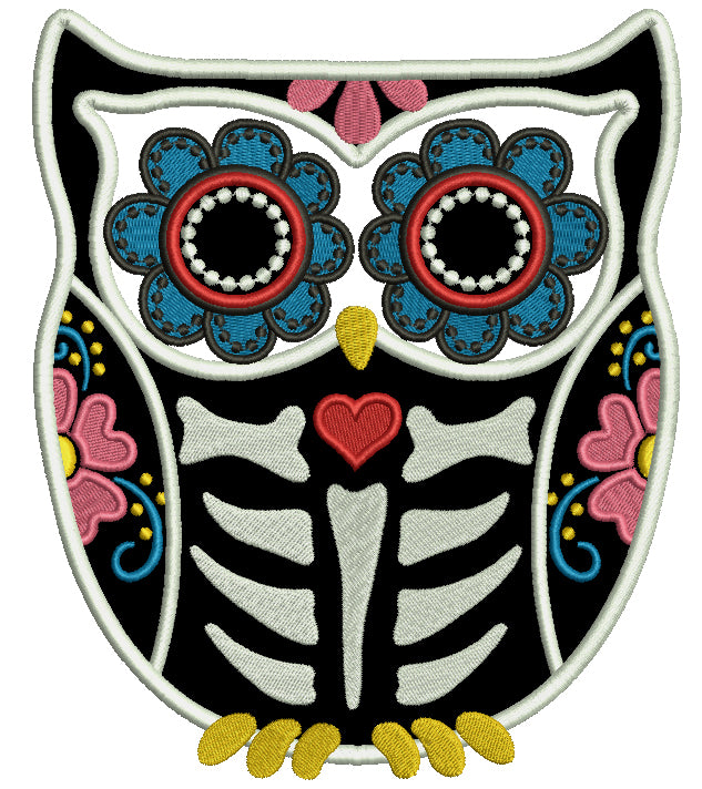 Ornate Sugar Skull Owl Applique Machine Embroidery Design Digitized Pattern
