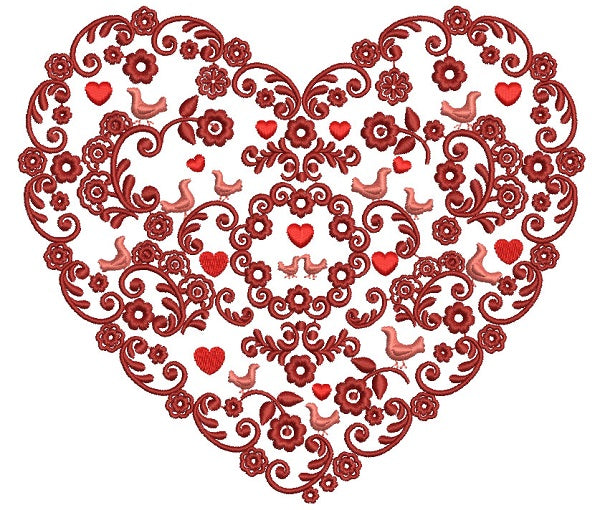 Ornate Heart With Birds Filled Machine Embroidery Design Digitized Pattern