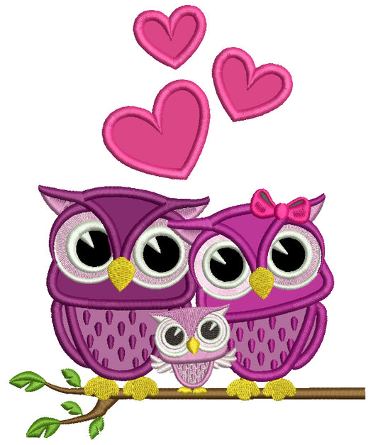 Owl Family Sitting on a Tree Branch With Hearts Applique Machine Embroidery Design Digitized Pattern